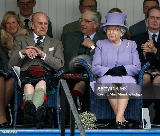 Prince Philip, Duke of Edinburgh and Queen Elizabeth II attend the 2016 Braemar Highland Gathering at The Princess Royal and Duke of Fife Memorial...