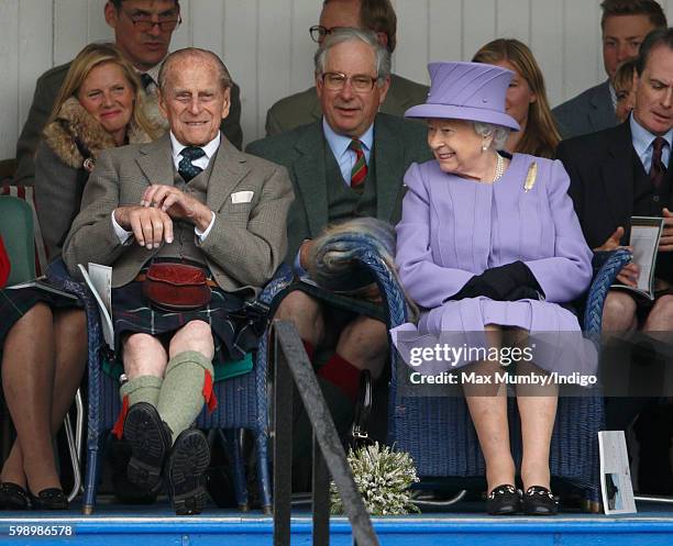 Prince Philip, Duke of Edinburgh and Queen Elizabeth II attend the 2016 Braemar Highland Gathering at The Princess Royal and Duke of Fife Memorial...