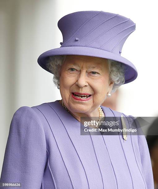 Queen Elizabeth II attends the 2016 Braemar Highland Gathering at The Princess Royal and Duke of Fife Memorial Park on September 3, 2016 in Braemar,...