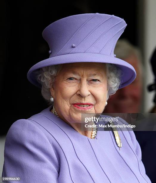 Queen Elizabeth II attends the 2016 Braemar Highland Gathering at The Princess Royal and Duke of Fife Memorial Park on September 3, 2016 in Braemar,...