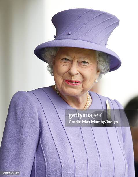 Queen Elizabeth II attends the 2016 Braemar Highland Gathering at The Princess Royal and Duke of Fife Memorial Park on September 3, 2016 in Braemar,...