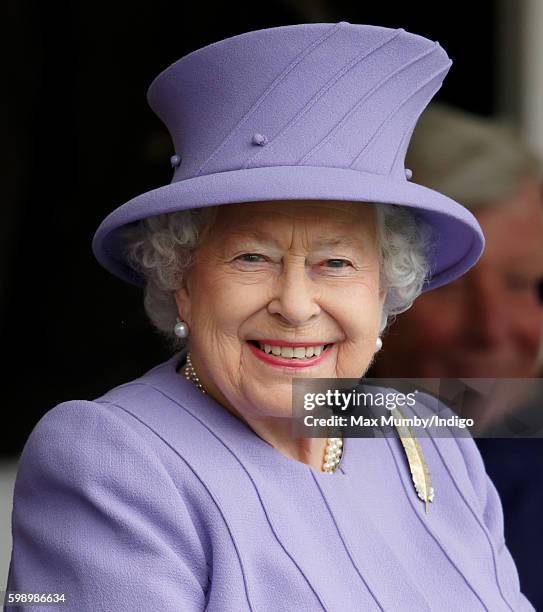 Queen Elizabeth II attends the 2016 Braemar Highland Gathering at The Princess Royal and Duke of Fife Memorial Park on September 3, 2016 in Braemar,...