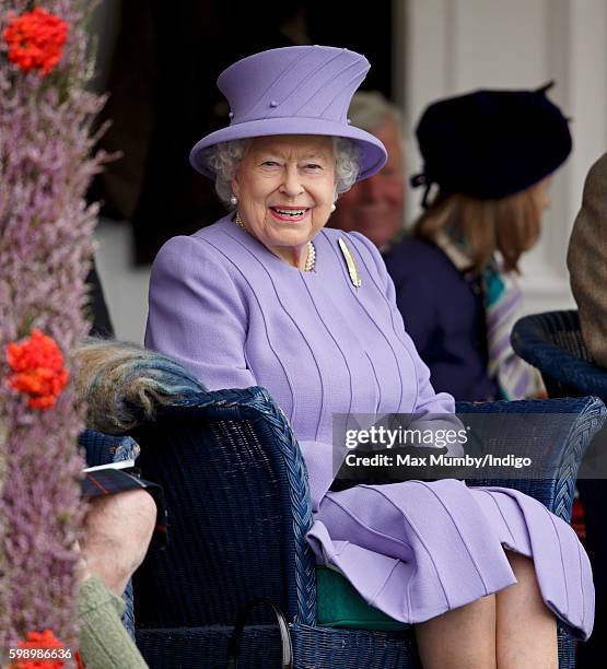 Queen Elizabeth II attends the 2016 Braemar Highland Gathering at The Princess Royal and Duke of Fife Memorial Park on September 3, 2016 in Braemar,...