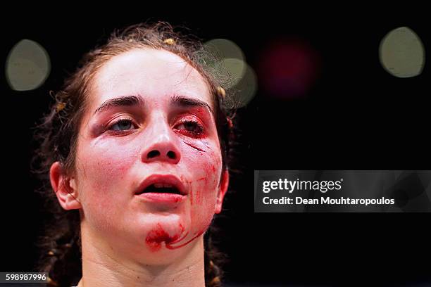 Veronica Macedo of Venezuela looks on after her fight with Ashlee Evans-Smith of the USA in their Womens Bantamweight Bout during the UFC Fight Night...