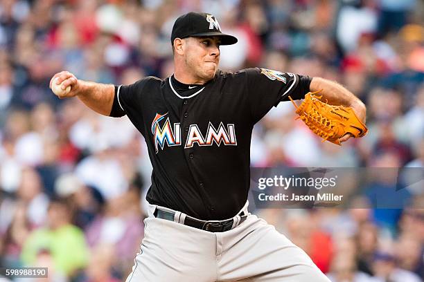 Starting pitcher Jose Fernandez of the Miami Marlins pitches during the first inning against the Cleveland Indians during an interleague game at...