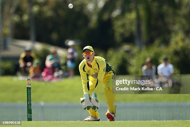 Cameron Bancroft of Australia A catches a return throw during the Cricket Australia via Getty Images Winter Series Final match between India A and...