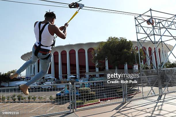 Guests try the zipline at The Ultimate Fan Experience, Call Of Duty XP 2016, presented by Activision, at The Forum on September 3, 2016 in Inglewood,...