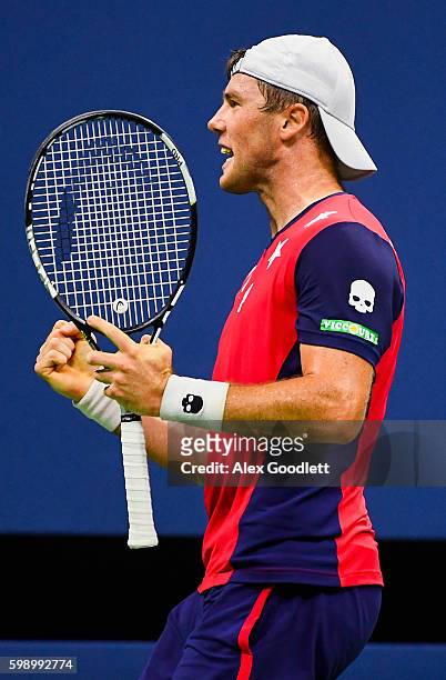 Illya Marchenko of the Ukraine reacts against Nick Kyrgios of Australia during his third round Men's Singles match on Day Six of the 2016 US Open at...