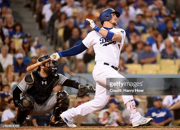 Yasmani Grandal of the Los Angeles Dodgers hits a three run homerun to take a 4-0 lead over in front of Derek Norris of the San Diego Padres during...