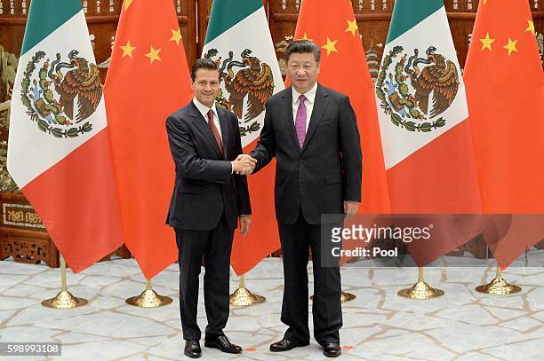 Mexico's President Enrique Pena Nieto shakes hands with Chinese President Xi Jinping at the West Lake State Guest House on September 4, 2016 in...