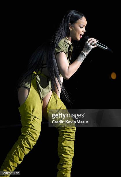Rihanna performs onstage during the 2016 Budweiser Made in America Festival at Benjamin Franklin Parkway on September 3, 2016 in Philadelphia,...