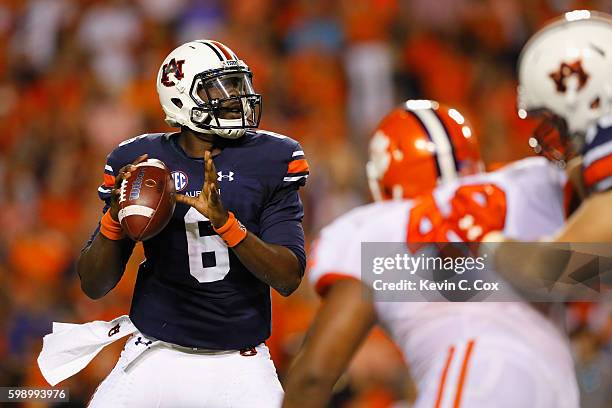 Jeremy Johnson of the Auburn Tigers looks to pass the ball during the first half against the Clemson Tigers at Jordan Hare Stadium on September 3,...