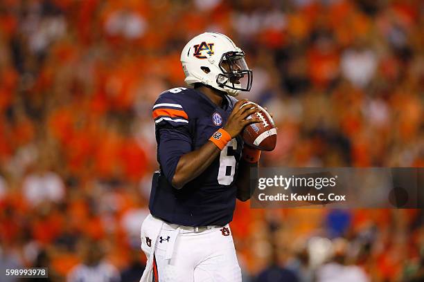 Jeremy Johnson of the Auburn Tigers looks to pass the ball during the first half against the Clemson Tigers at Jordan Hare Stadium on September 3,...