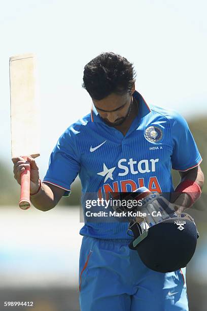 Mandeep Singh of India A acknowledges the crowd as he leaves the field after being dismissed for 95 during the Cricket Australia via Getty Images...