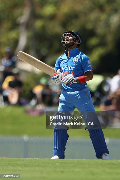 Mandeep Singh of India A bats during the Cricket Australia via Getty Images Winter Series Final match between India A and Australia A at Harrup Park...