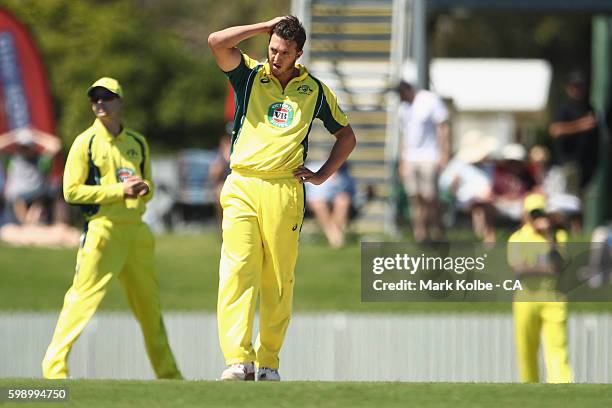 Daniel Worrall of Australia A shows his frustration during the Cricket Australia via Getty Images Winter Series Final match between India A and...