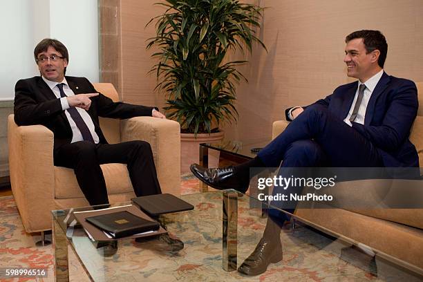 Catalan regional President Carles Puigdemont meets Spain's Socialist party leader Pedro Sanchez in the Palau de la Generalitat of Barcelona on 15...