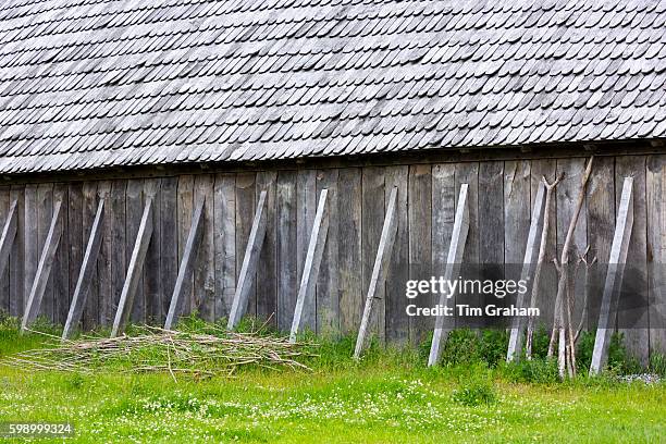 Historic viking longhouse reconstruction with oak shingles roof at Ribe Viking Center, heritage centre in South Jutland, Denmark