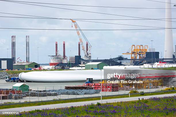 Siemens wind turbines to harness renewable wind energy under construction at Esbjerg in South Jutland, Denmark