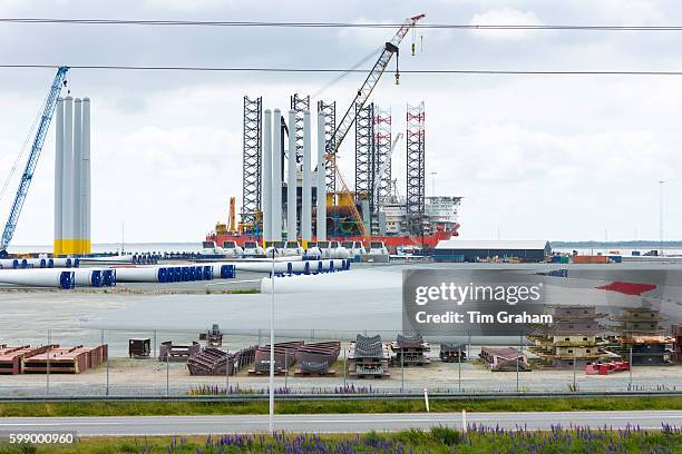 Siemens wind turbines to harness renewable wind energy under construction at Esbjerg in South Jutland, Denmark