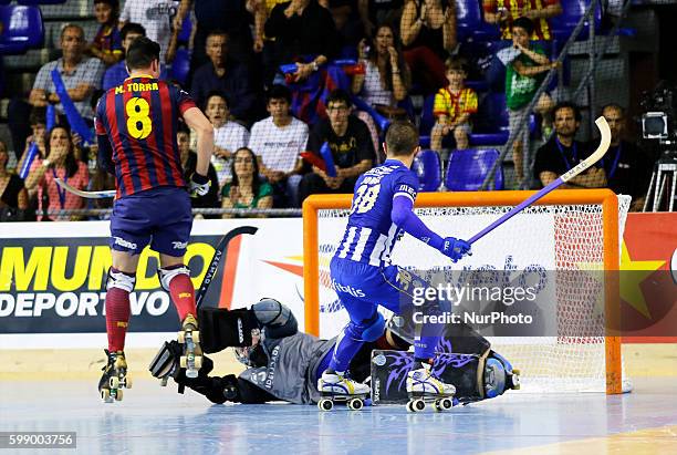 May- SPAIN: Jorge Silva, M. Torra and Aitor Egurrolal in the final game of the Euroleague Final FourRink Hockey between FC Porto and FC Barcelona...