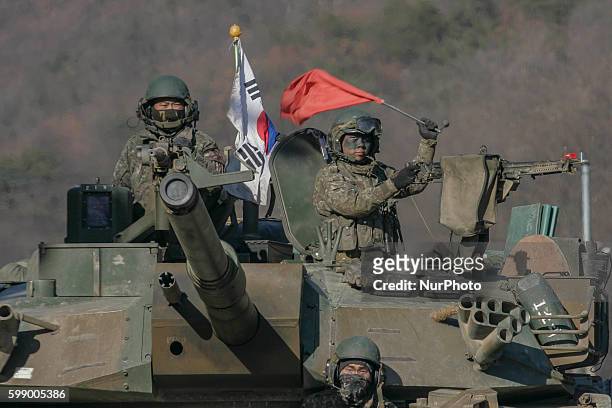And South Korea Army Soldier Take part in an exercise during the Foal Eagle 2016 Combine Exercise near DMZ in South Korea. North Korea fired two...