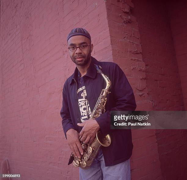 Portrait of American Jazz musician Kenny Garrett as he poses outside at the Jazz Showcase nightclub, Chicago, Illinois, August 27, 1999.