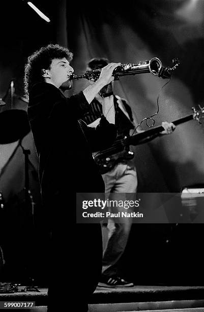 American Pop and Jazz musician Kenny G plays saxophone on an episode of the Oprah Winfrey Show, Chicago, Illinois, November 1, 1986.