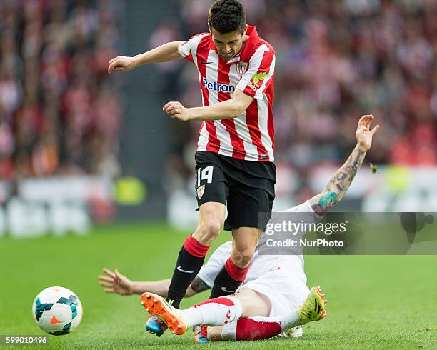 Bilbao, 27 of April at the match of the week 35 of the spanish Liga BBVA between Athletic de Bilbao and Sevilla FC Markel Susaeta with Alberto Moreno...