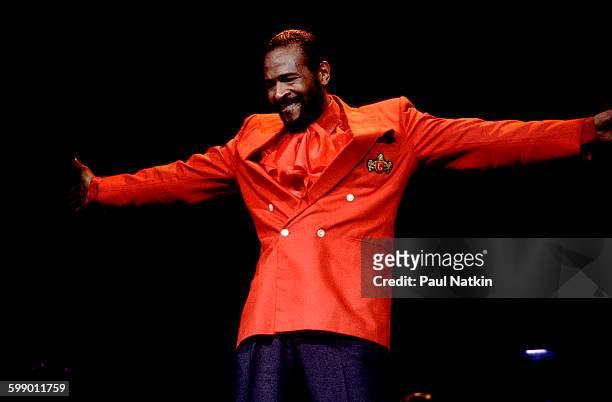 American Soul musician Marvin Gaye performs onstage at the Holiday Star Theater, Merrillville, Indiana, June 10, 1983.