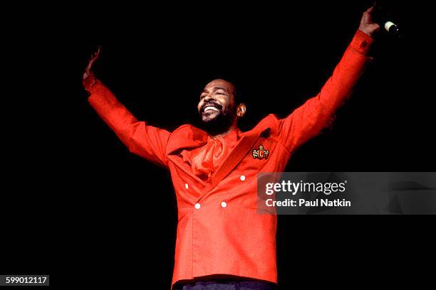 American Soul musician Marvin Gaye performs onstage at the Holiday Star Theater, Merrillville, Indiana, June 10, 1983.