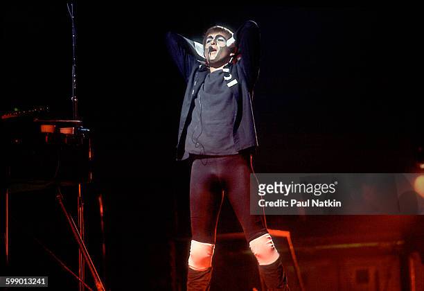 British Pop and Rock musician Peter Gabriel performs onstage at the UIC Pavilion, Chicago, Illinois, December 2, 1982.
