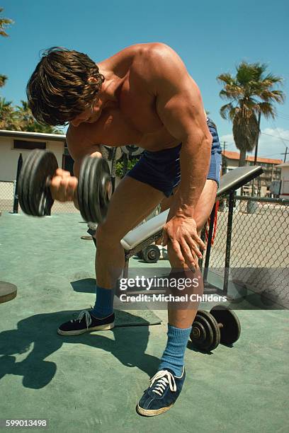 American actor of Austrian origins Arnold Schwarzenegger training for a culturisme championship. He is a five-time Mr Universe and a seven-time Mr...