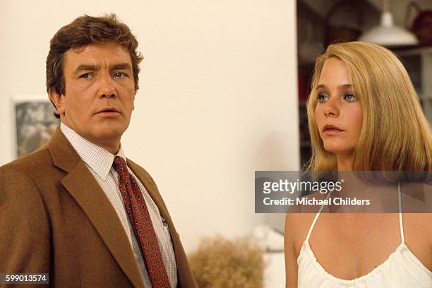 Actors Albert Finney and Susan Dey on the set of Looker by director, screenwriter and producer Michael Crichton.