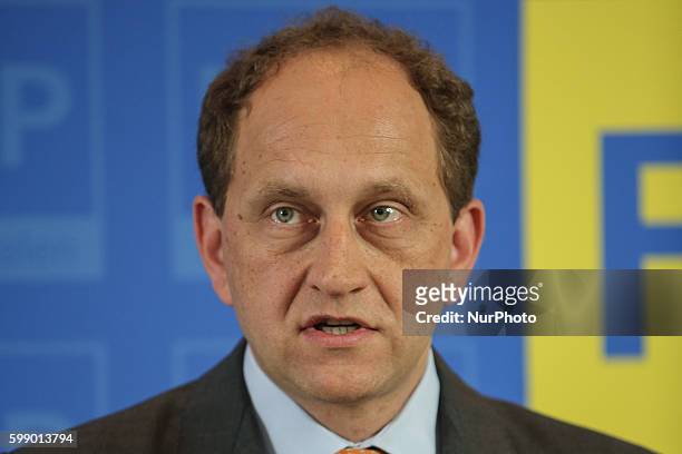 Top candidate of Free Democratic Party for the European Parliament, Count Alexander Lambsdorff attends a press conference with Chairman of German...