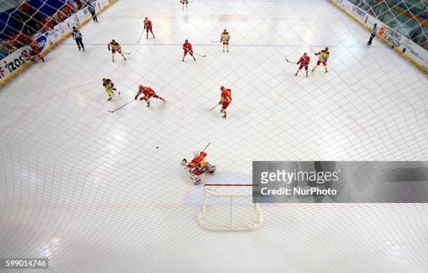 Match between Mexico and China, corresponding to the third day of Group B of the World Ice Hockey match at the Ice Pavilion Jaca, on April 7, 2014....