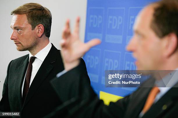 Chairman of German Free Democratic Party Christian Lindner attends a press conference with top candidate of Free Democratic Party for the European...