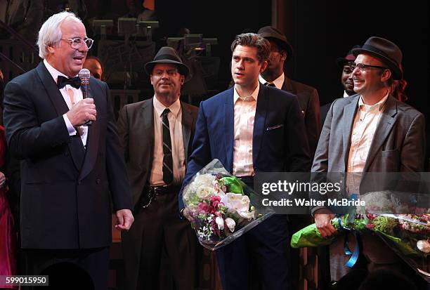 Frank Abagnale Jr. & Aaron Tveit & Norbert Leo Butz during the Broadway Opening Night Curtain Call for 'Catch Me If You Can' in New York City.