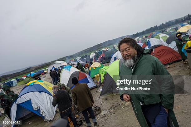 The renowned chinese artist Ai Weiwei at the refugee camp in Idonemi, at the border between Greece and Macedonia, on March 10, 2016.