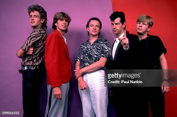 Portrait of British New Wave group the Fixx as they pose at Penn State University, State College, Pennsylvania, September 23, 1984. Pictured are,...
