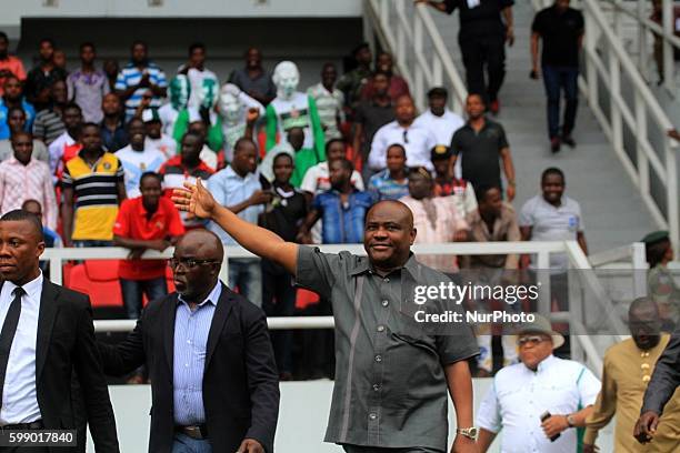 Rivers State Governor Nyesom Ezenwo Wike wave at the Eagles supporter at the at Adokie Amiesiemaka Stadium in Port Harcourt, Nigeria 17 NOV 2015