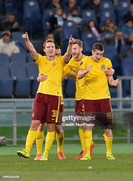 Lukas Julis celebrates after scoring a goal 3-0 with teammates during the Europe League football match S.S. Lazio vs Sparta Praga at the Olympic...