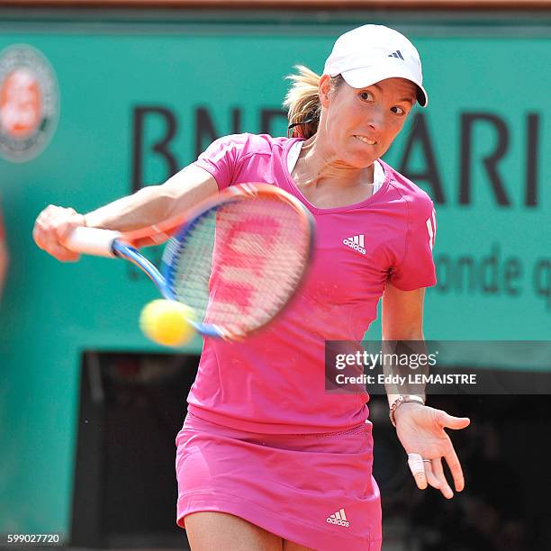 Justine Henin of Belgium during the women's singles first round match between Justine Henin of Belgium and Tsvetana Pironkova of Bulgaria on day...