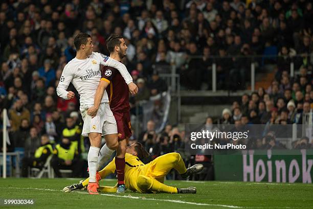 Goal Real Madrids Portuguese Cristiano Ronaldo in action during the Champions league football match Real Madrid CF vs Roma at the Santiago Bernabeu...