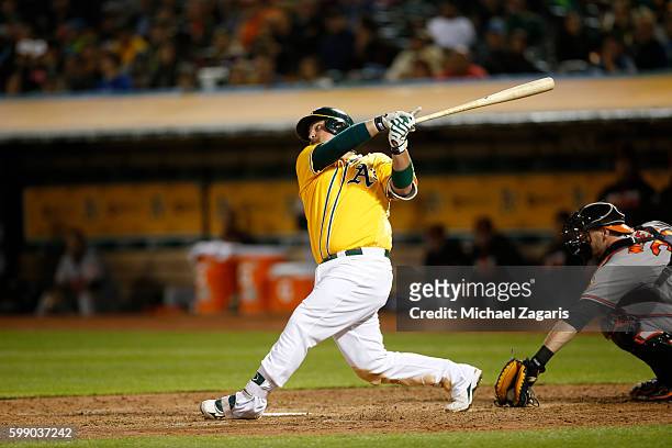 Billy Butler of the Oakland Athletics bats during the game against the Baltimore Orioles at the Oakland Coliseum on August 8, 2016 in Oakland,...