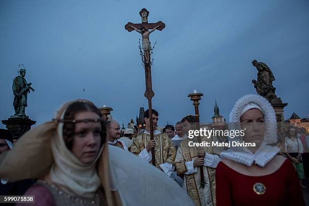 People wearing medieval costumes take part in a two-day re-enactment of crowning celebrations from September 2, 1347 when Charles IV was crowned the...