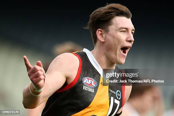 Josh Battle of the Dandenong Stingrays celebrates a goal during the TAC Cup Qualifying Final match between Dandenong and Murray at Ikon Park on...