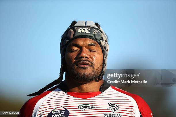 Henry Speight of the Vikings looks dejected after conceding a try during the round two NRC match between the UC Vikings and the NSW Country Eagles at...