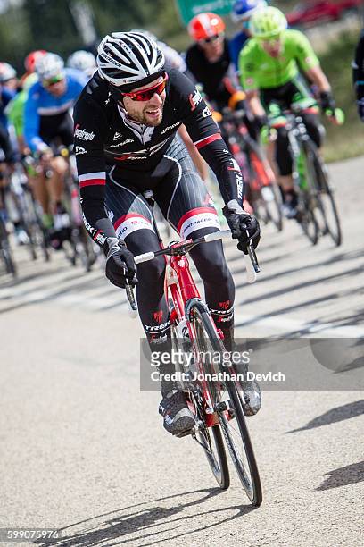 Tour of Alberta - Stage 3 - Ryder Hesjedal riding for the Trek-Segafredo team moves to the front of the peloton in Rocky Mountain House on September...