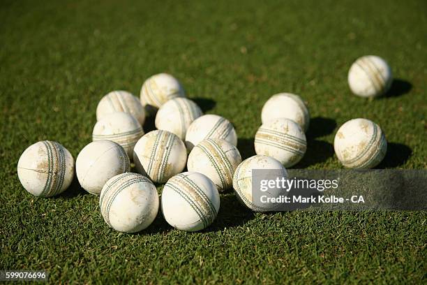 General view is seen of a cricket white cricket balls during warm-up ahead of the Cricket Australia via Getty Images Winter Series Final match...